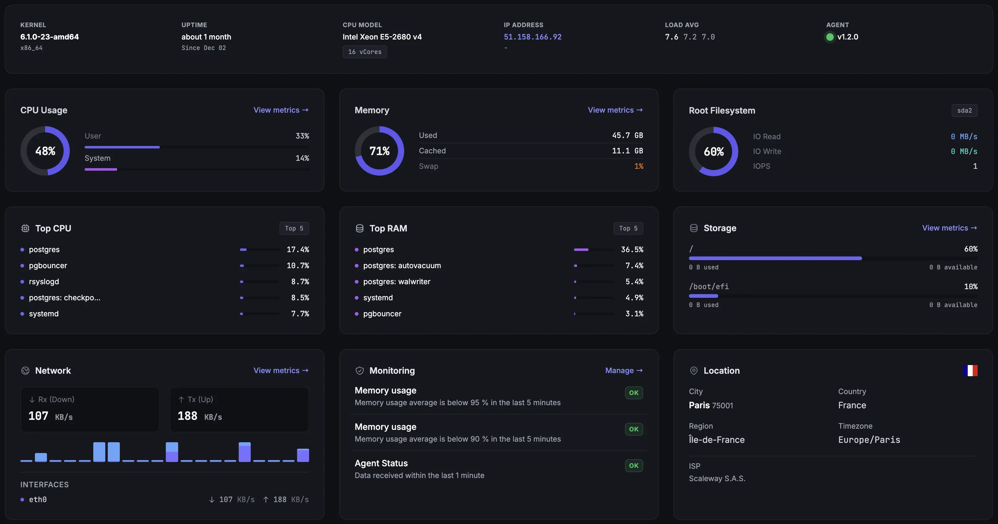 Fivenines dashboard showing server metrics and monitoring